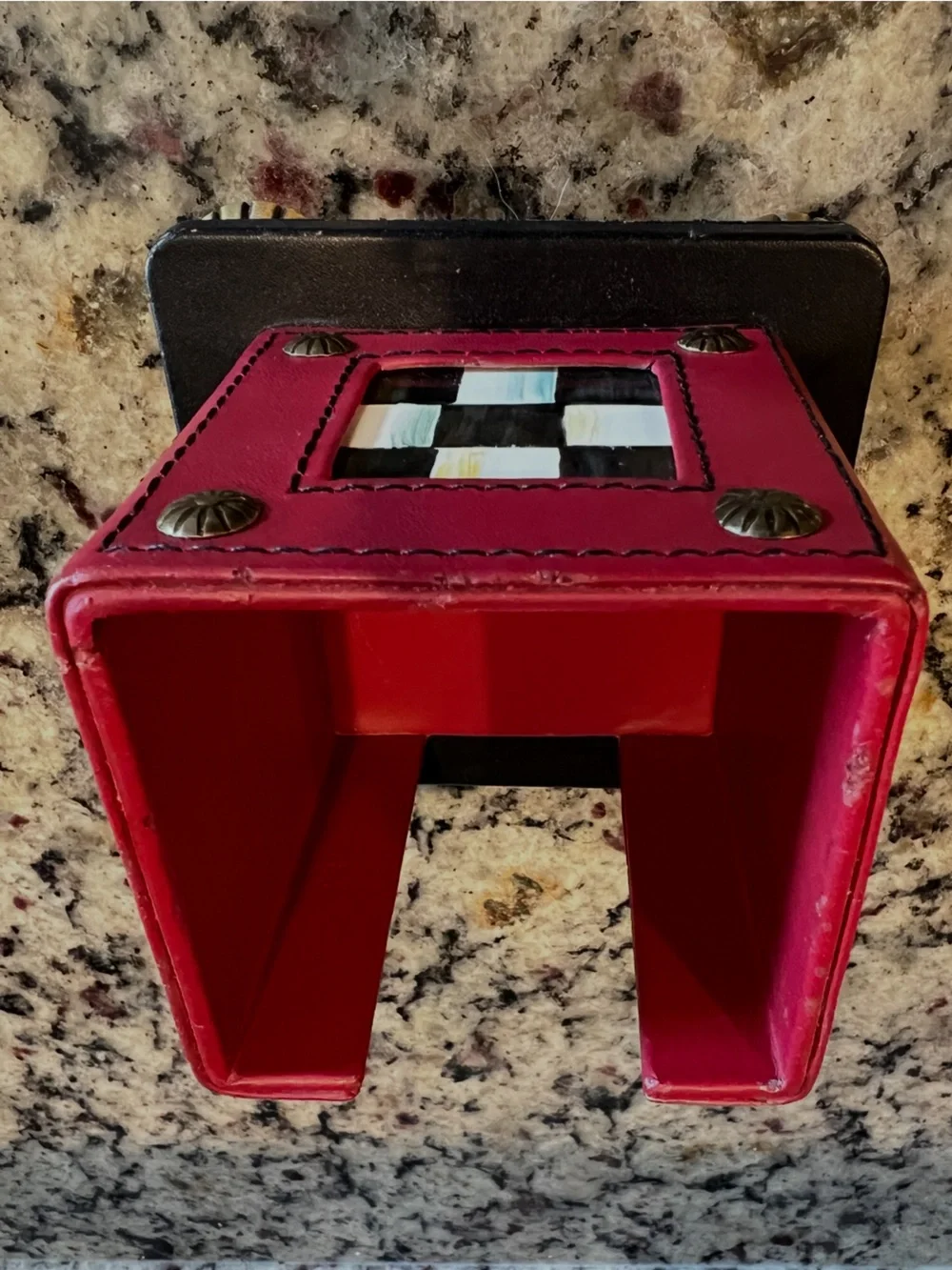 MacKenzie-Childs Vintage Red Leather & Enamel Notepad cube holder. With notepad.